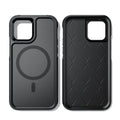 Black magnetic shatterproof back cover case for iPhone 12 and iPhone 13 series phones.