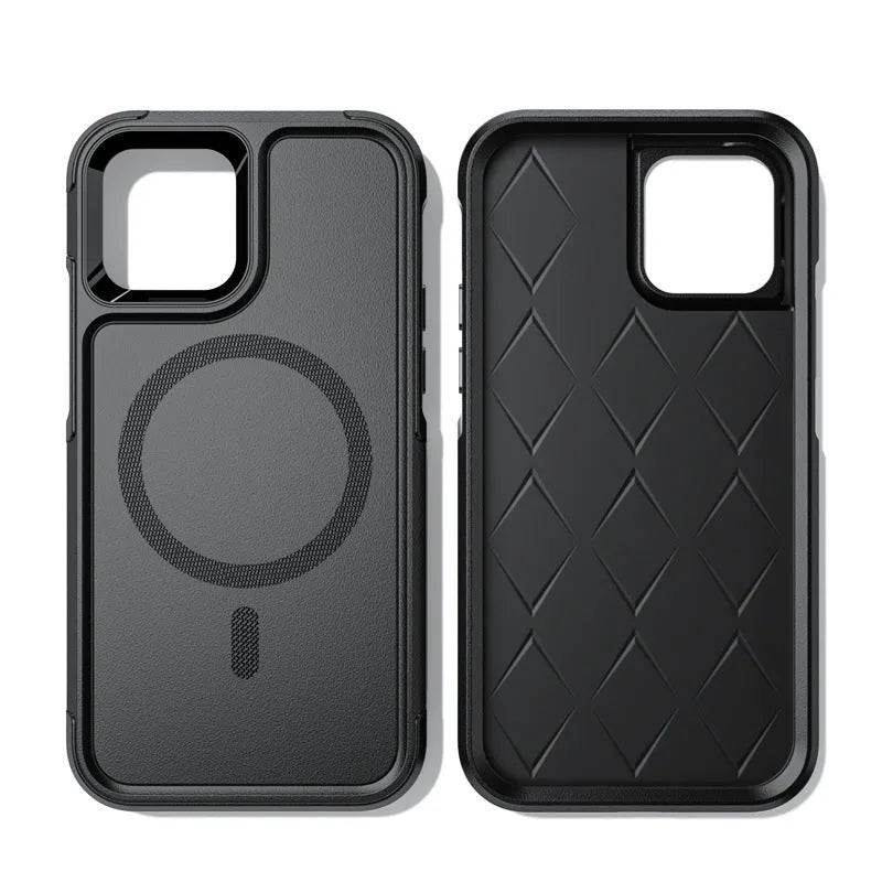 Black magnetic shatterproof back cover case for iPhone 12 and iPhone 13 series phones.