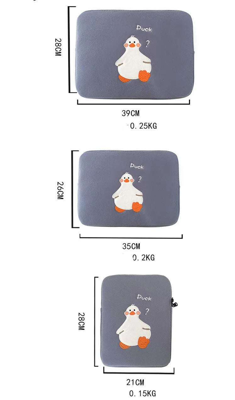 Blue cotton tablet case with embroidered cartoon duck design and zipper closure for device protection