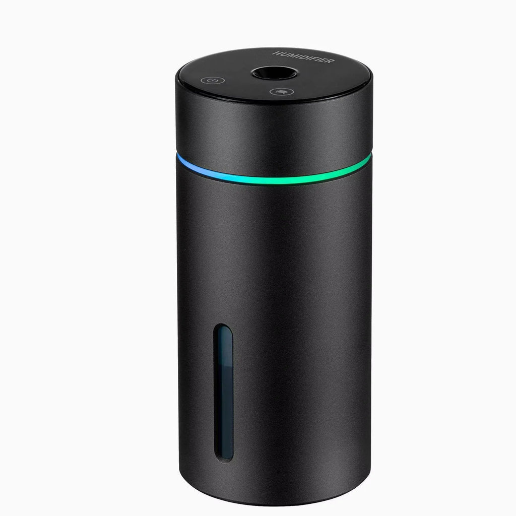 Black portable car air humidifier with aluminium tank, 66x66x144mm size, and USB cable for essential oil diffusion