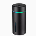 Black portable car air humidifier with aluminium tank, 66x66x144mm size, and USB cable for essential oil diffusion