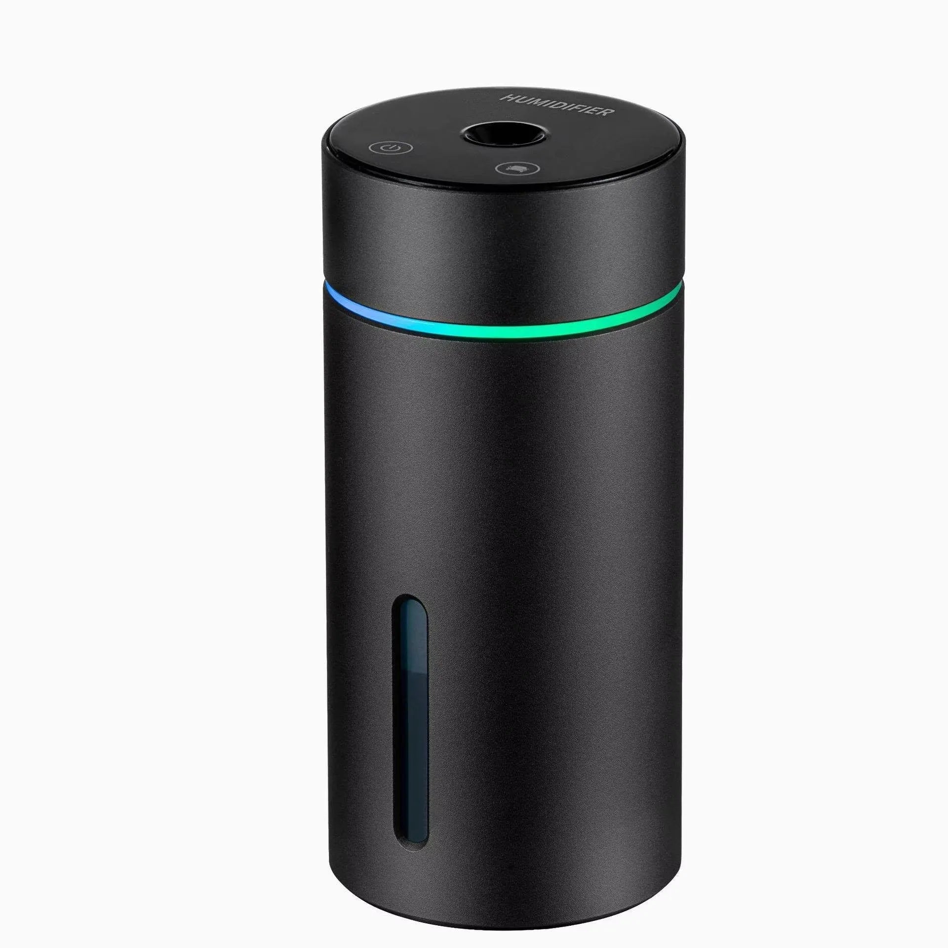 Black portable car air humidifier with aluminium tank, 66x66x144mm size, and USB cable for essential oil diffusion