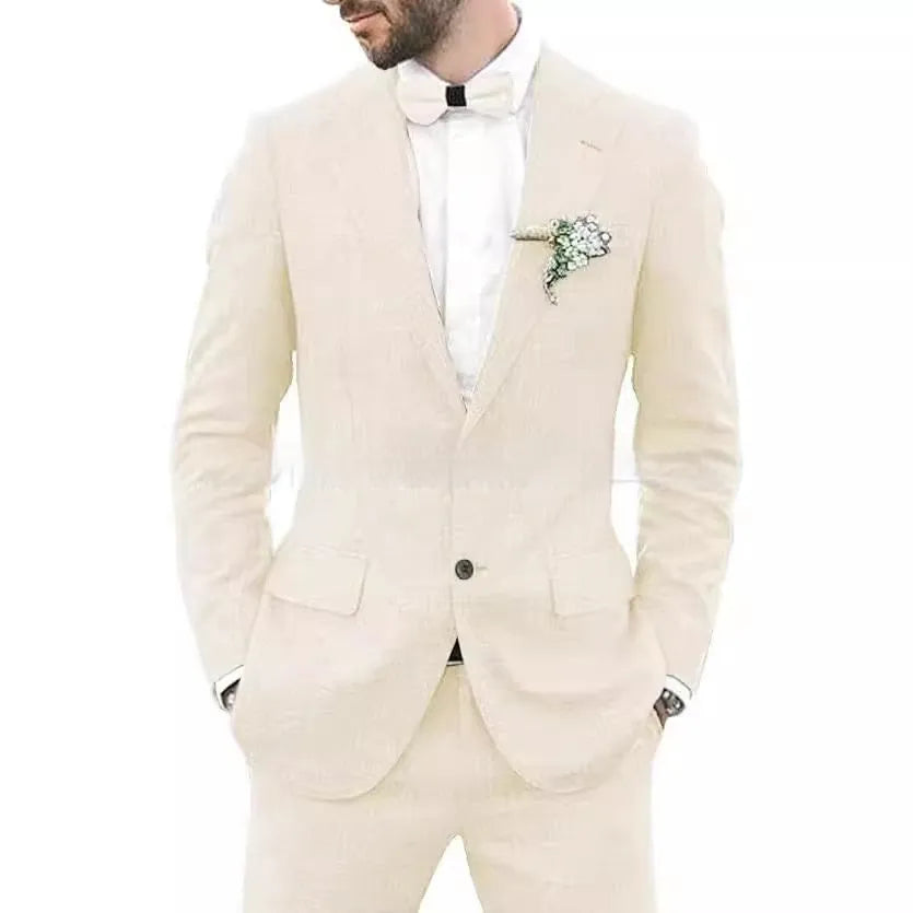 Men's slim fit suit jacket and trousers in a linen hemp blend fabric on a hanger