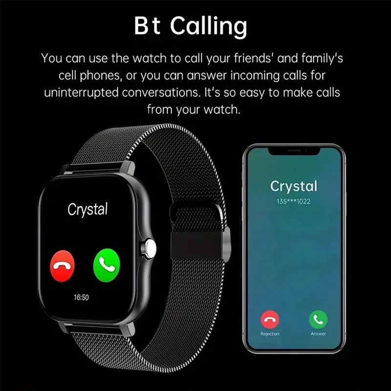 Smart watch with 144-inch touch screen, silicone strap, displaying fitness data and Bluetooth calling interface