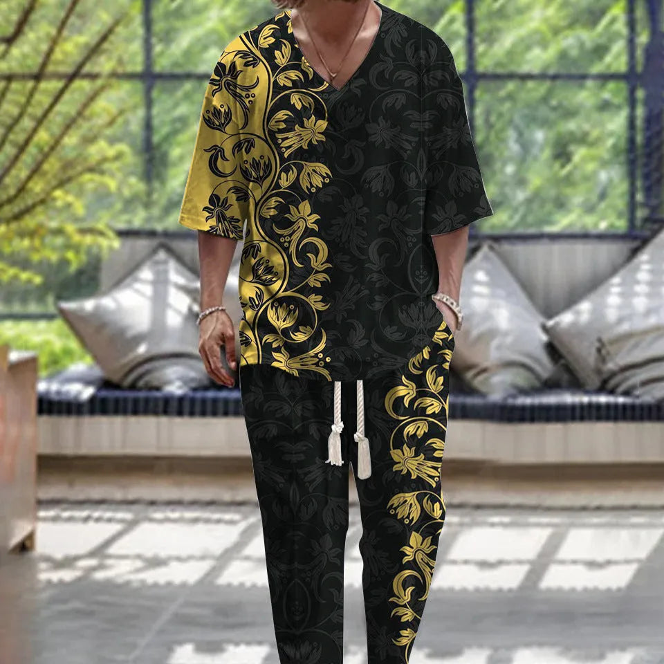 Cropped sleeves V-neck trousers suit in thin polyester fabric with size range S to 6XL