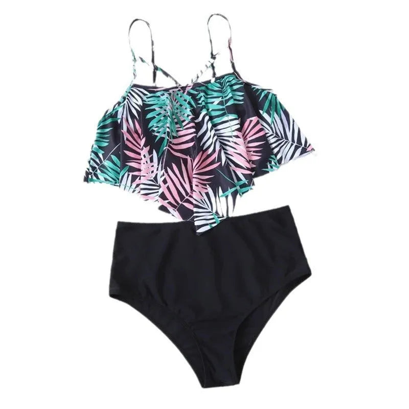 Women's high waist floral bikini swimsuit with spandex lining in white-based patterns