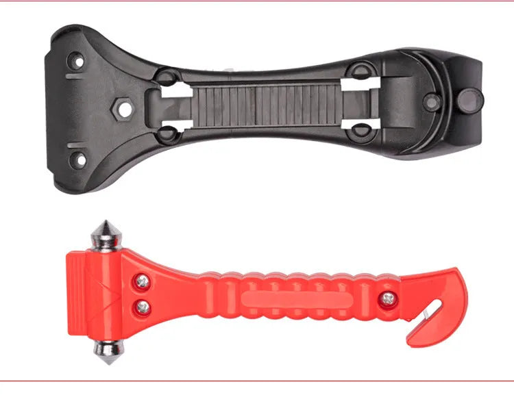 Red car emergency escape hammer with seatbelt cutter, made from ABS and carbon steel.