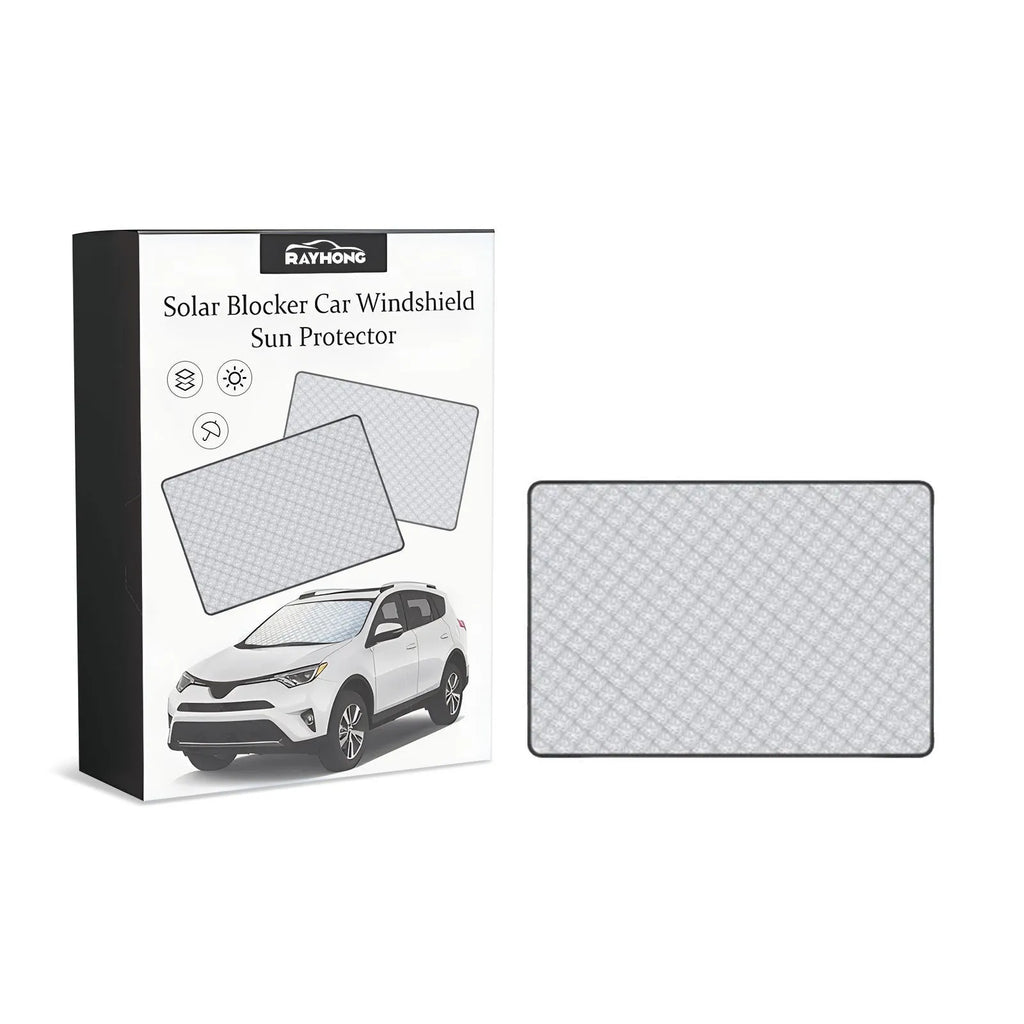 Silver aluminium film car windshield frost cover shown unfolded with 140x95cm dimensions