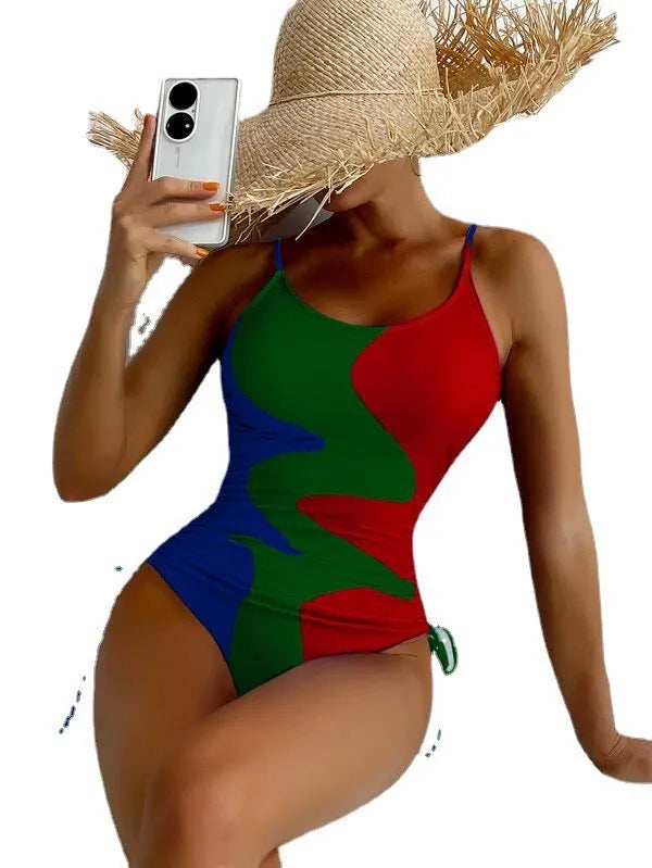 One-piece swimsuit in blue colour with sleeveless design and fixed swimming trunks for female swimming sports