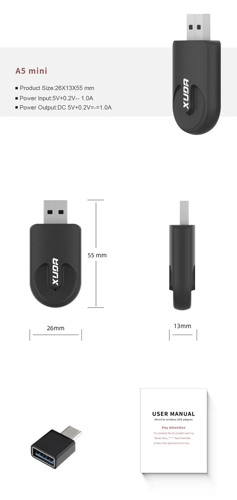 Black mini CarPlay USB interface adaptor with USB-C connector showing 26mm compact dimensions