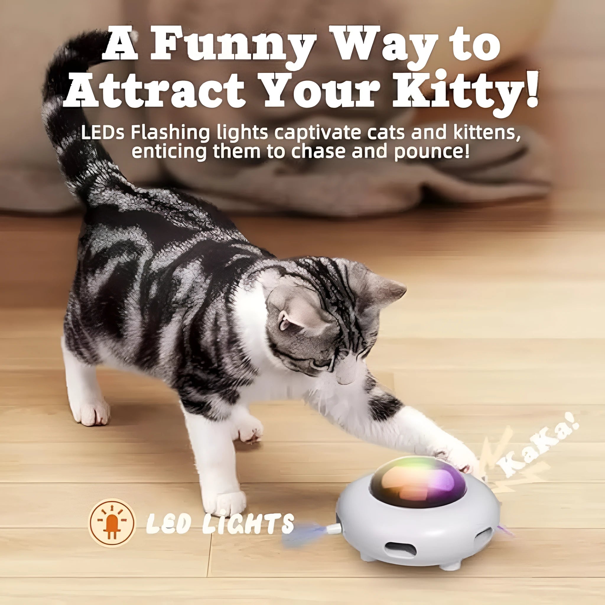 White interactive cat toy with colourful feathers and LED lights for indoor feline play