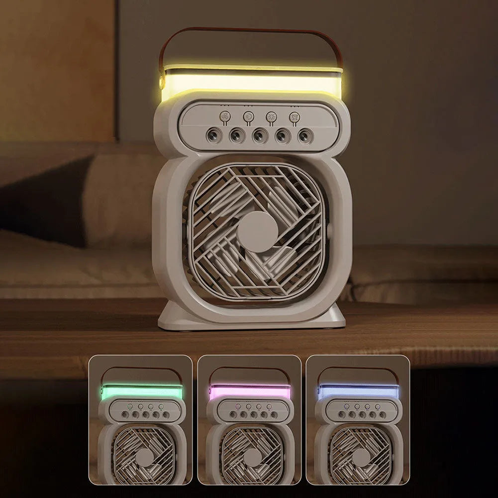 Black portable USB air cooler fan with water reservoir, 7-colour LED lights, and control buttons on a desk.