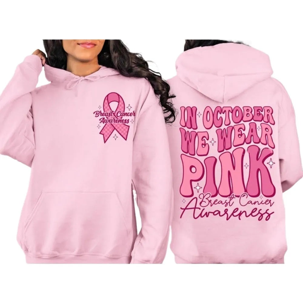 Breast cancer awareness hoodie with retro art hot stamping and side seam pockets in pink colour