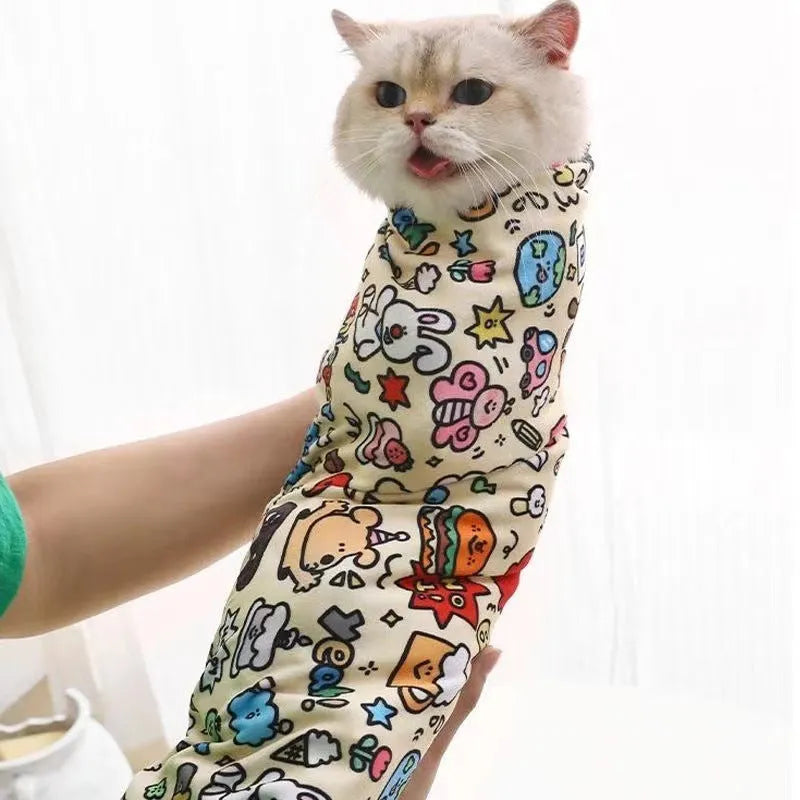 Simple cartoon printed cat cloth cosmetic bag in blue puppy design showing nylon lining and square shape