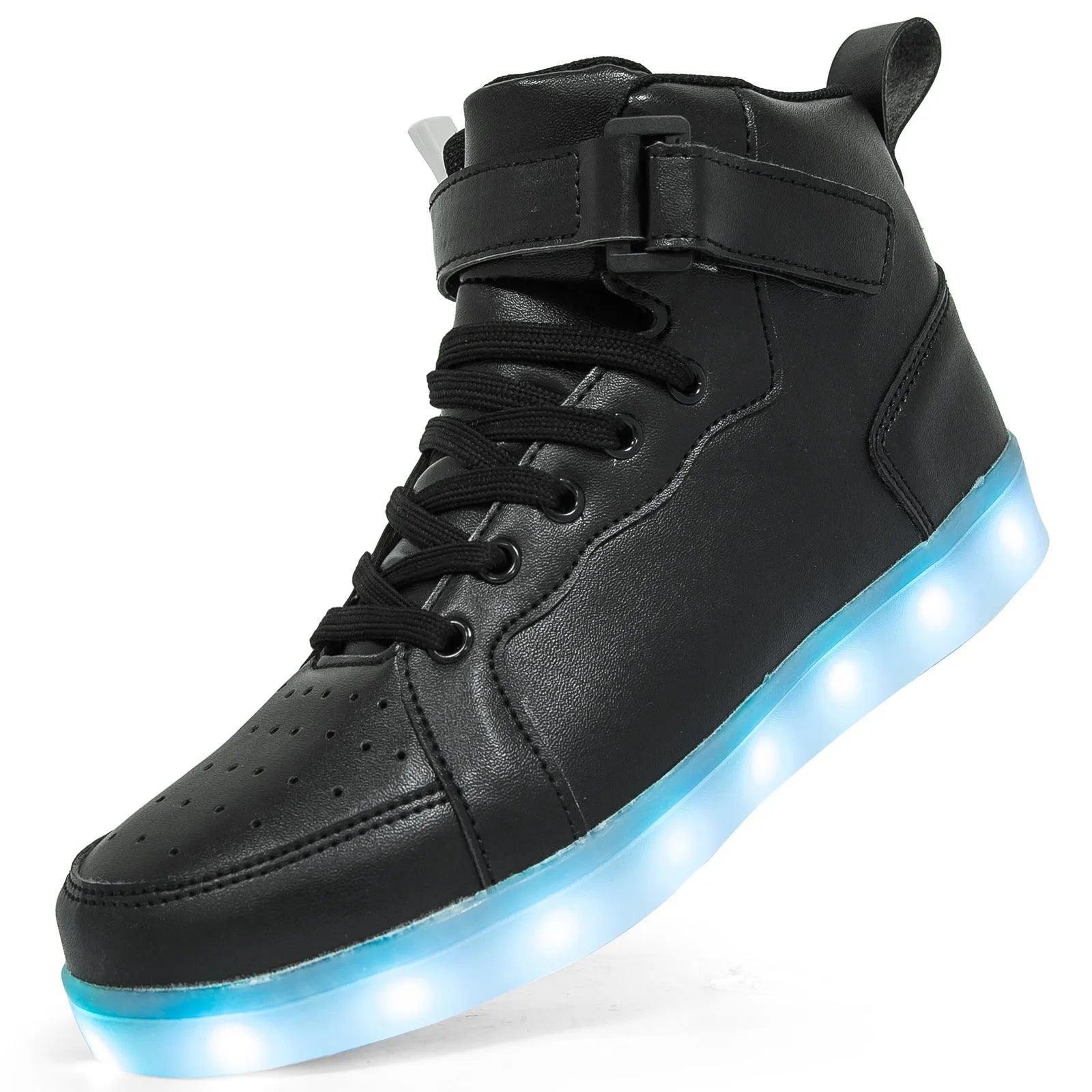 LED high-top shoes with illuminated soles in black colour showing Velcro fastening and rubber sole