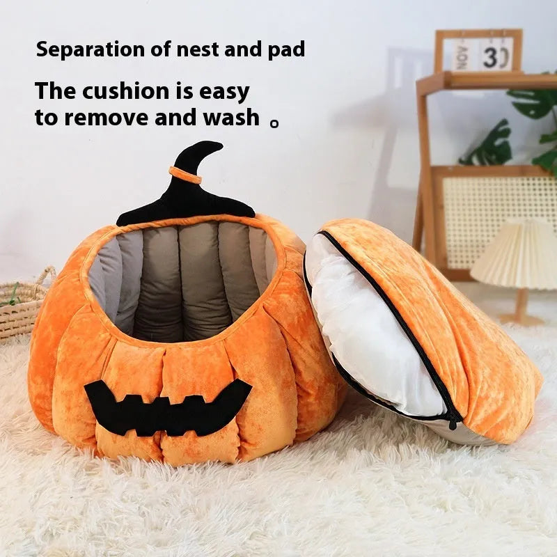 Orange and black soft cloth pumpkin-shaped pet nest bed and cage for cats