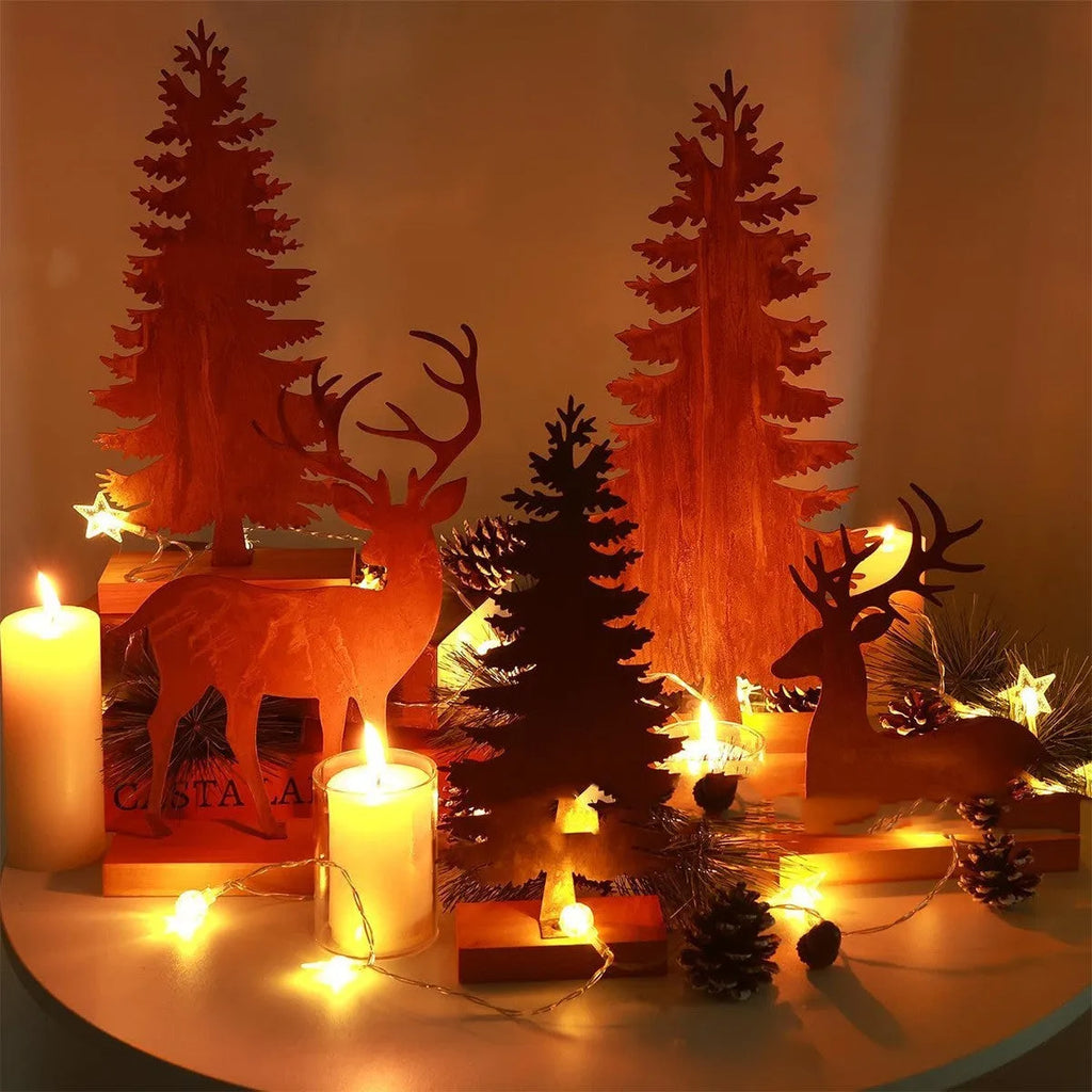 Three metal Christmas tree ornaments with elk designs, rusty iron finish, 15-25cm height