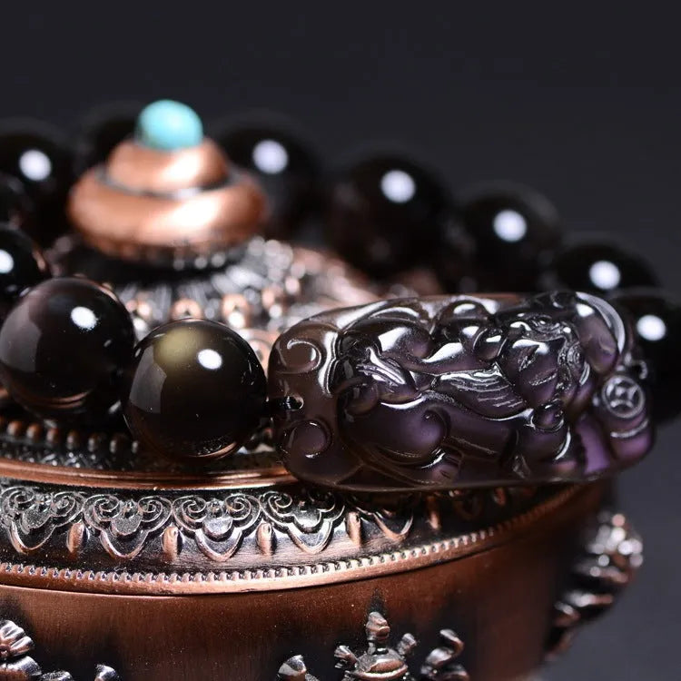 Crystal Natural Icy Obsidian Pi Xiu Bracelet with geometric beads in collection-level double-eye ice stone