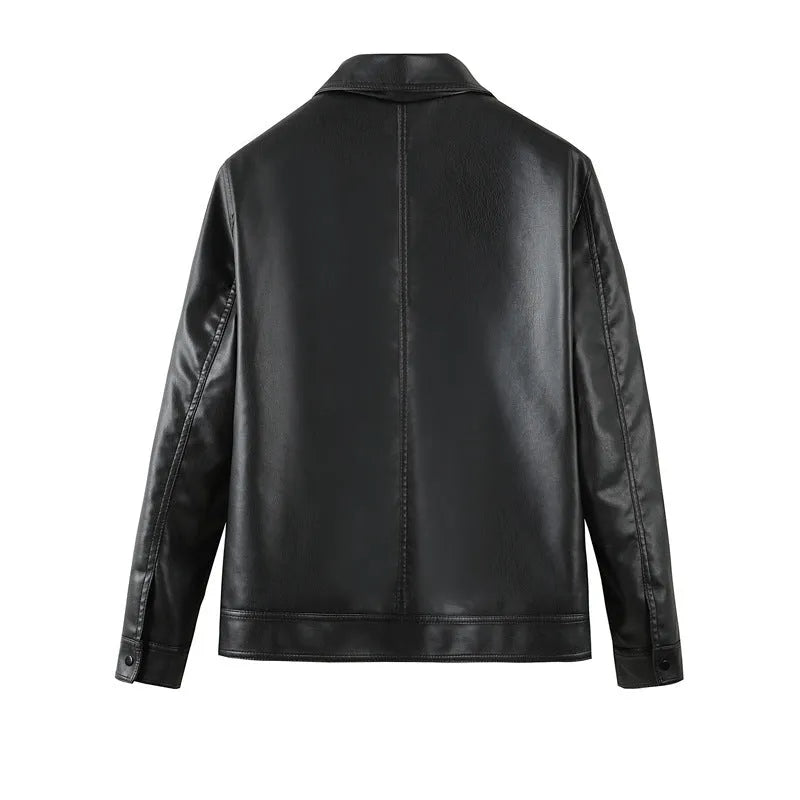 Men's black PU leather jacket with windproof design, loose fit, and zipper pockets, shown in a casual setting.