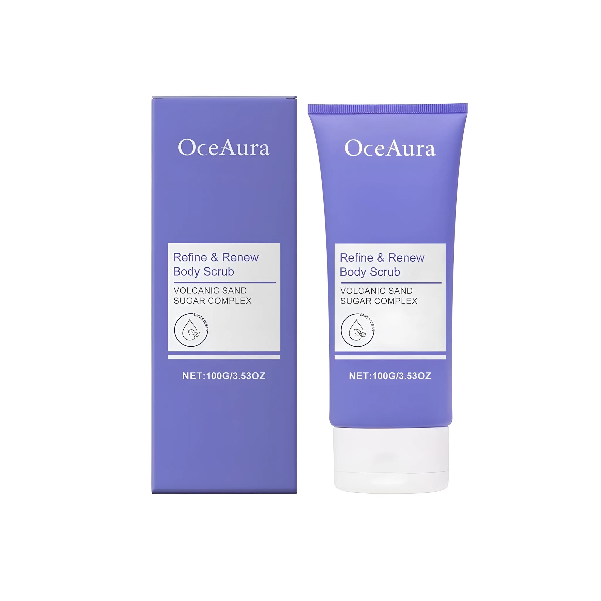100g tub of Refine Renew Body Scrub exfoliating cream with walnut shell and volcanic ash.