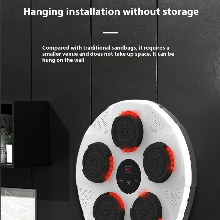 Black wall-mounted smart boxing trainer sandbag with striking target pads and integrated lighting.