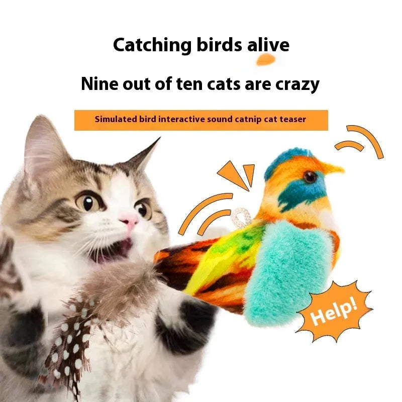 Plush bird simulation cat toy in four colour variants: blue kingfisher, coloured bird, sparrow and yellow bird