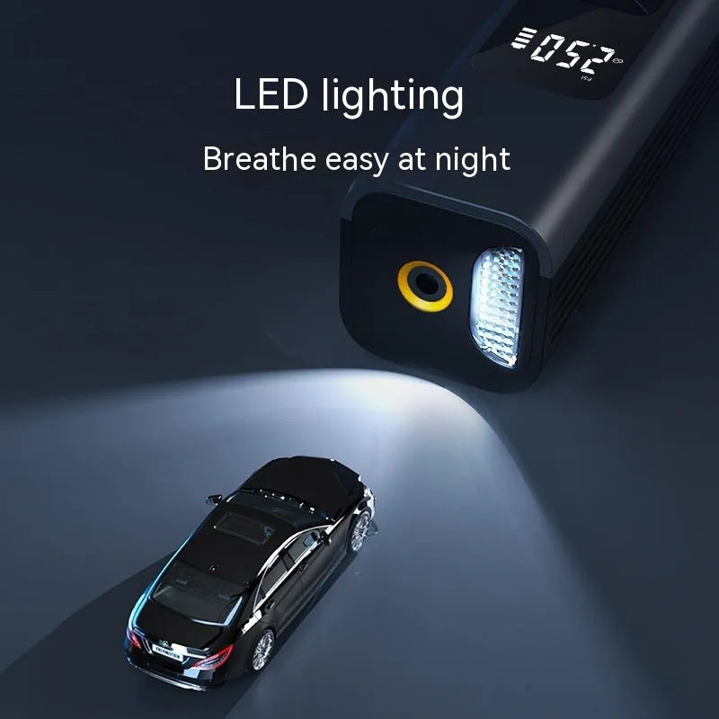 Wireless car tyre inflator and vacuum cleaner with digital display showing tyre pressure reading