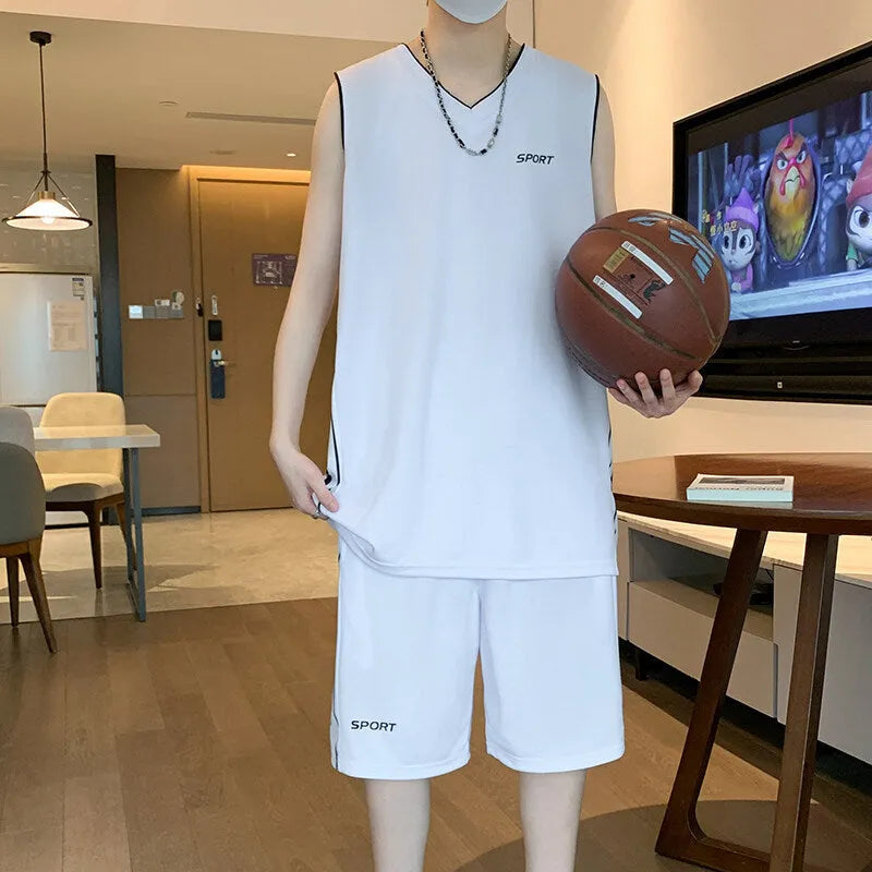 Basketball sports vest and shorts set in polyester mesh fabric showing sleeveless design