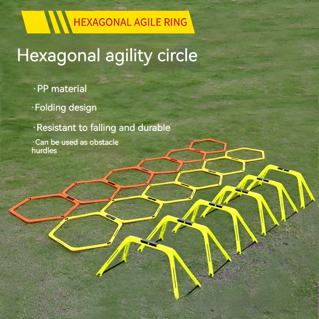 Set of six foldable yellow hexagon plastic agility training rings laid out on grass.