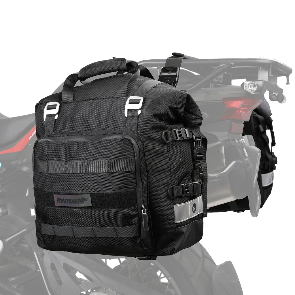 20-litre quick-release motorcycle side bag in black or army green polyester construction