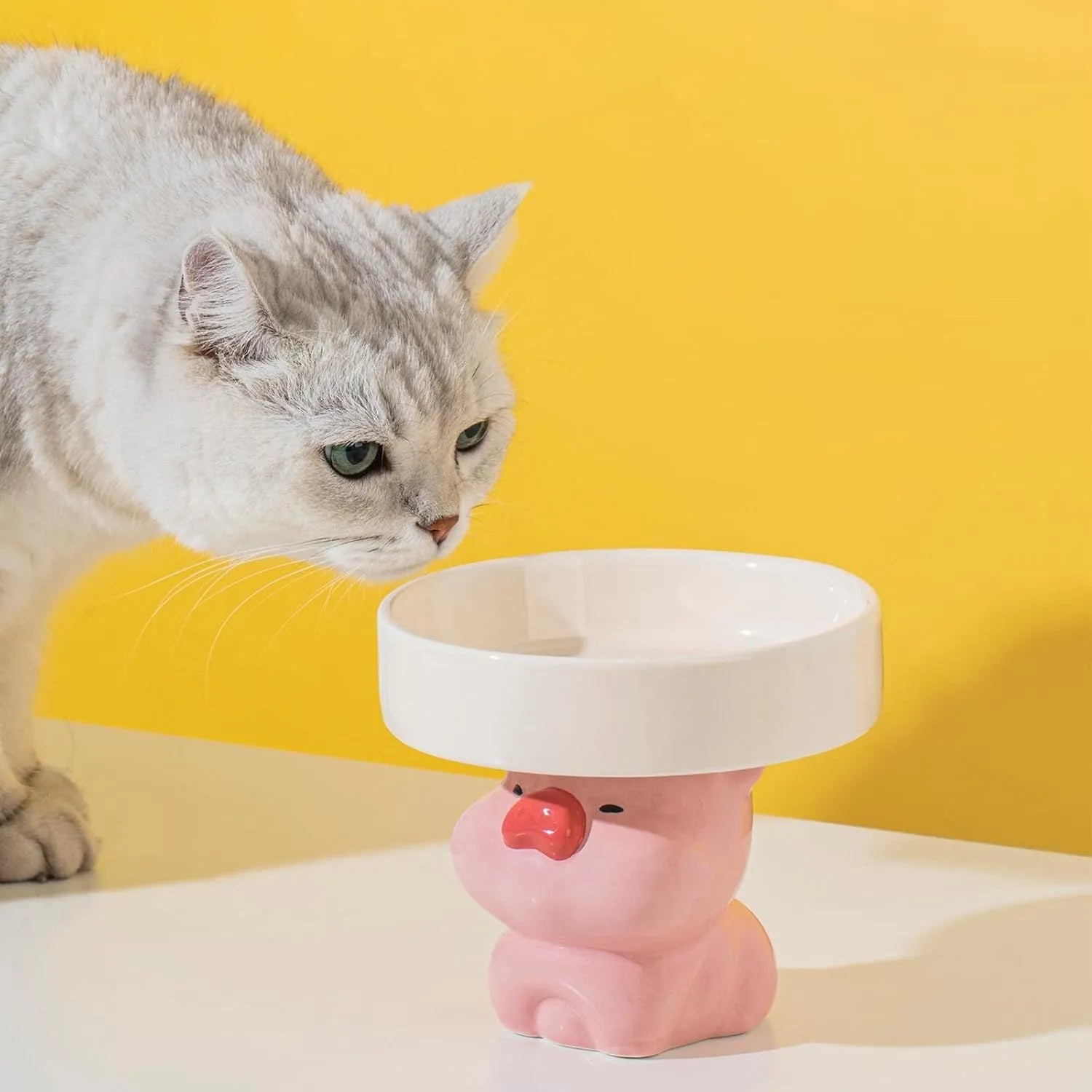 Raised ceramic cat bowl with animal design, showing 4.92-inch elevation and 5.9-inch wide opening for whisker-friendly feeding