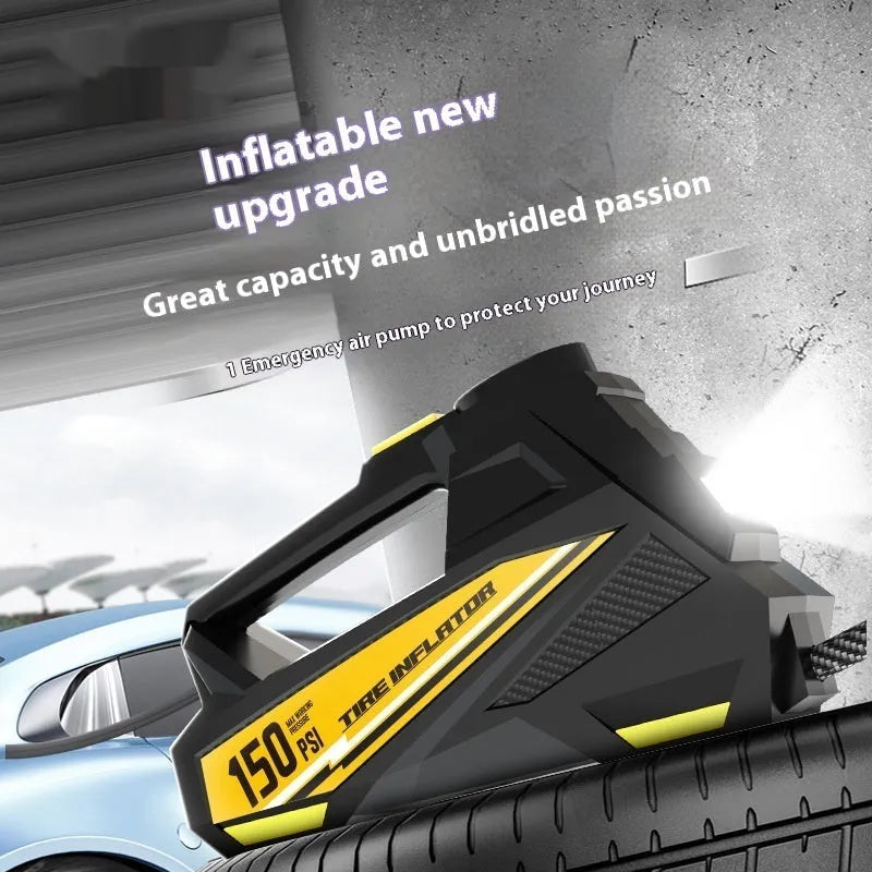 Black portable electric tyre inflator with digital display showing pressure reading, connected to car tyre valve