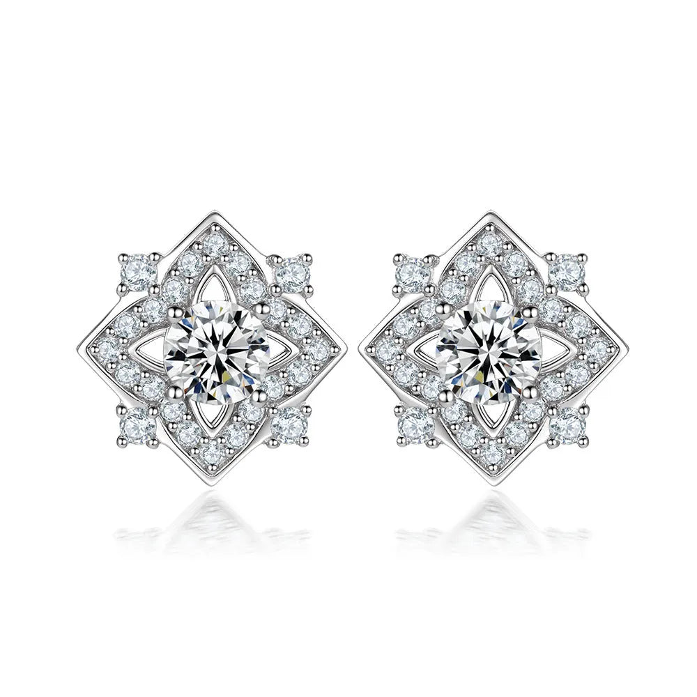 S925 sterling silver flower and star stud earrings with inlaid zircon and 4x4mm main stones in white gold colour