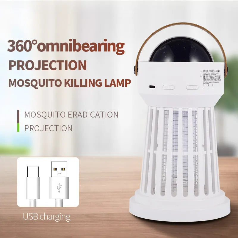 White electric mosquito killer lamp with star projection feature and a folding handle on a table.
