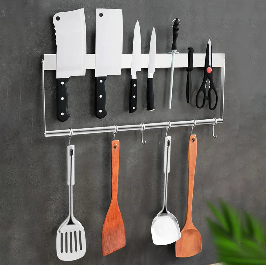 Stainless steel wall-mounted magnetic knife storage rack with multiple size options from 300mm to 600mm length