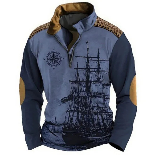 Men's loose-fit long-sleeve polyester t-shirt with stripe pattern and zipper decorations in multiple colour options