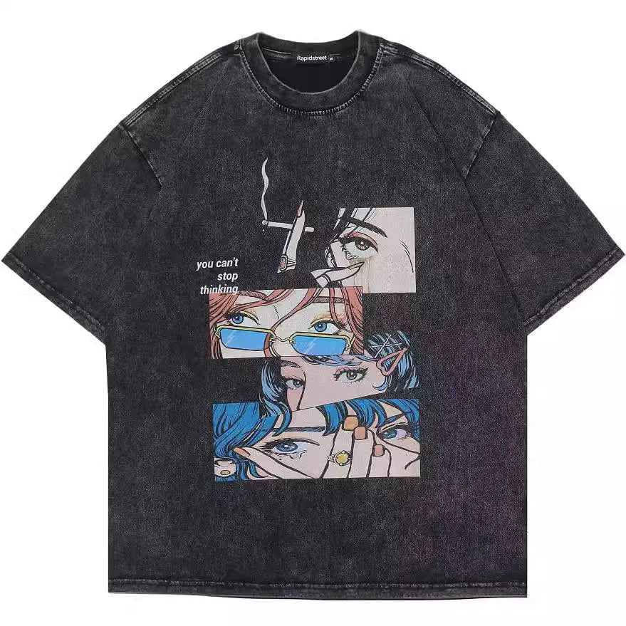Retro cotton-padded cartoon print t-shirt in washed black with loose fit and short sleeves for street hip hop style