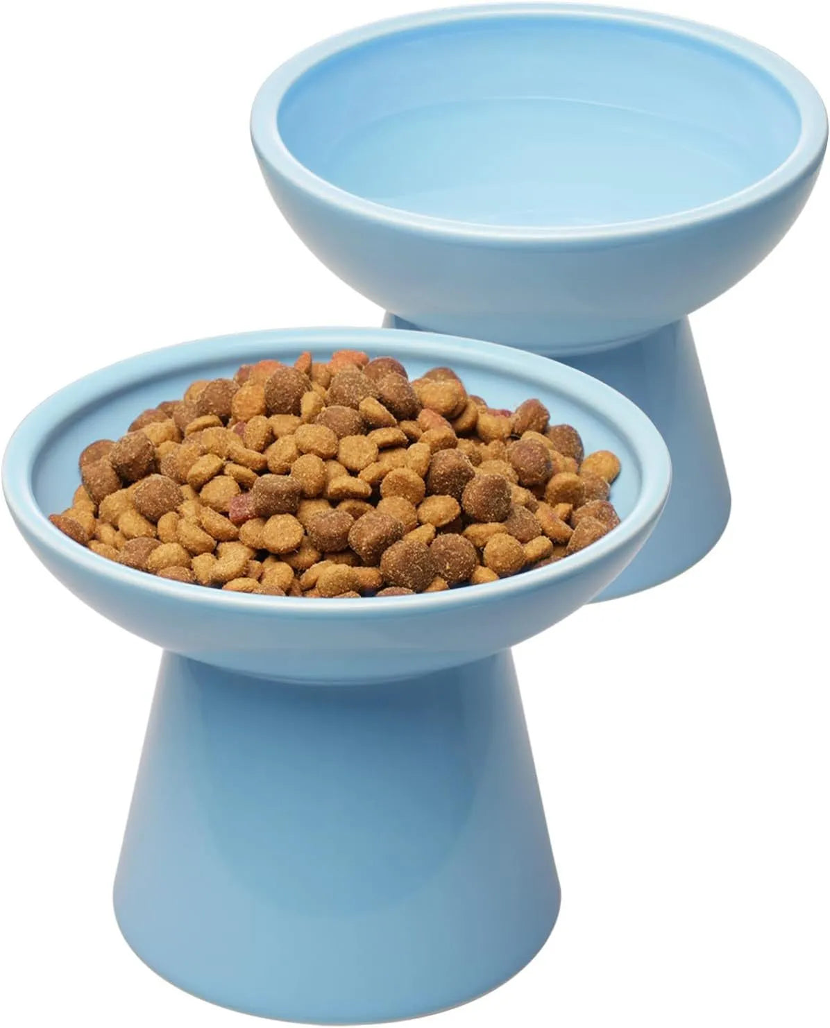 Elevated ceramic cat food and water bowl set with wide 16cm shallow dish design in various colours