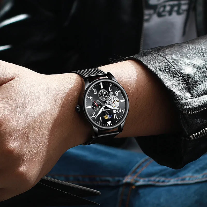 Black men's mechanical watch with moon phase display and luminous hands