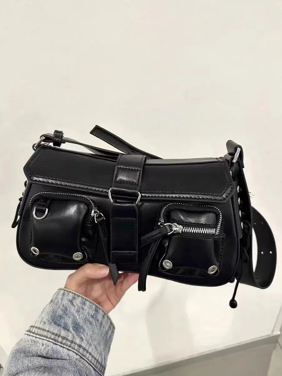 Black PU messenger bag with adjustable strap, showing compact 16cm height and 27cm width dimensions