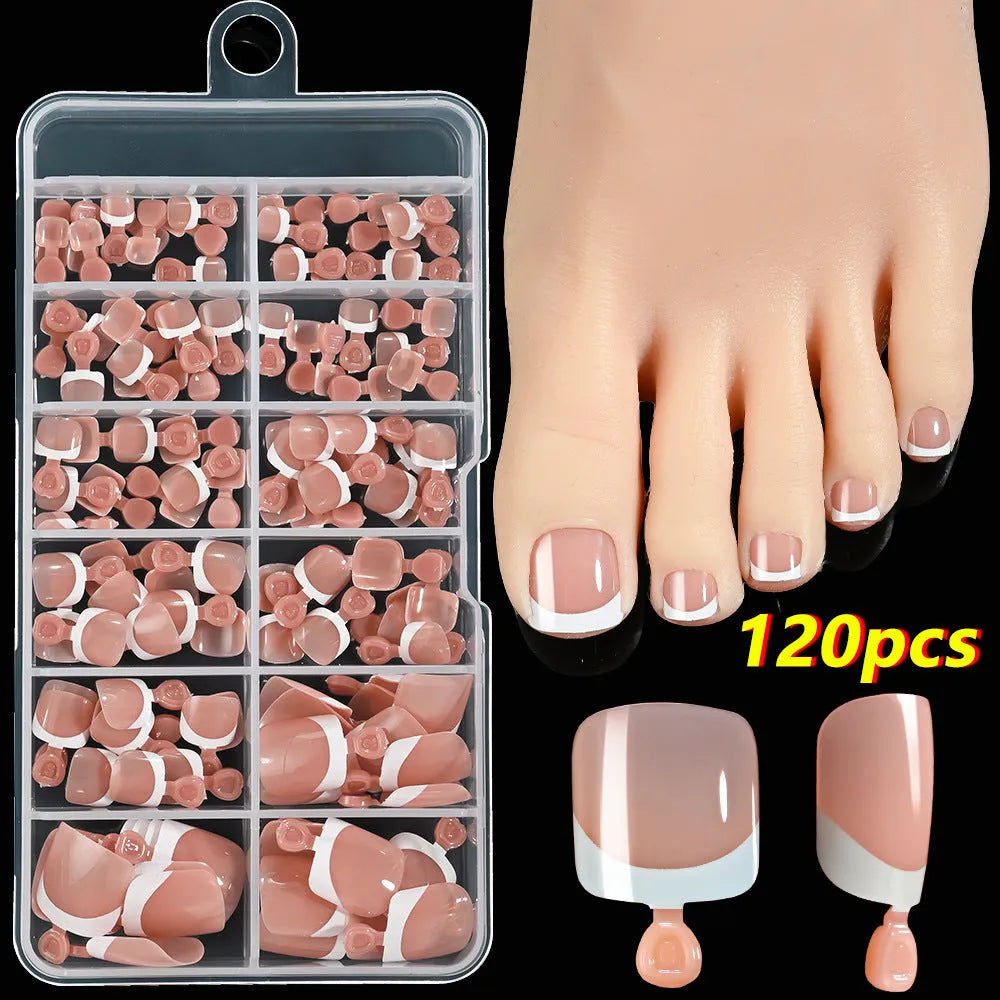 120 French white edge nude square short artificial toe nails in nine natural shades