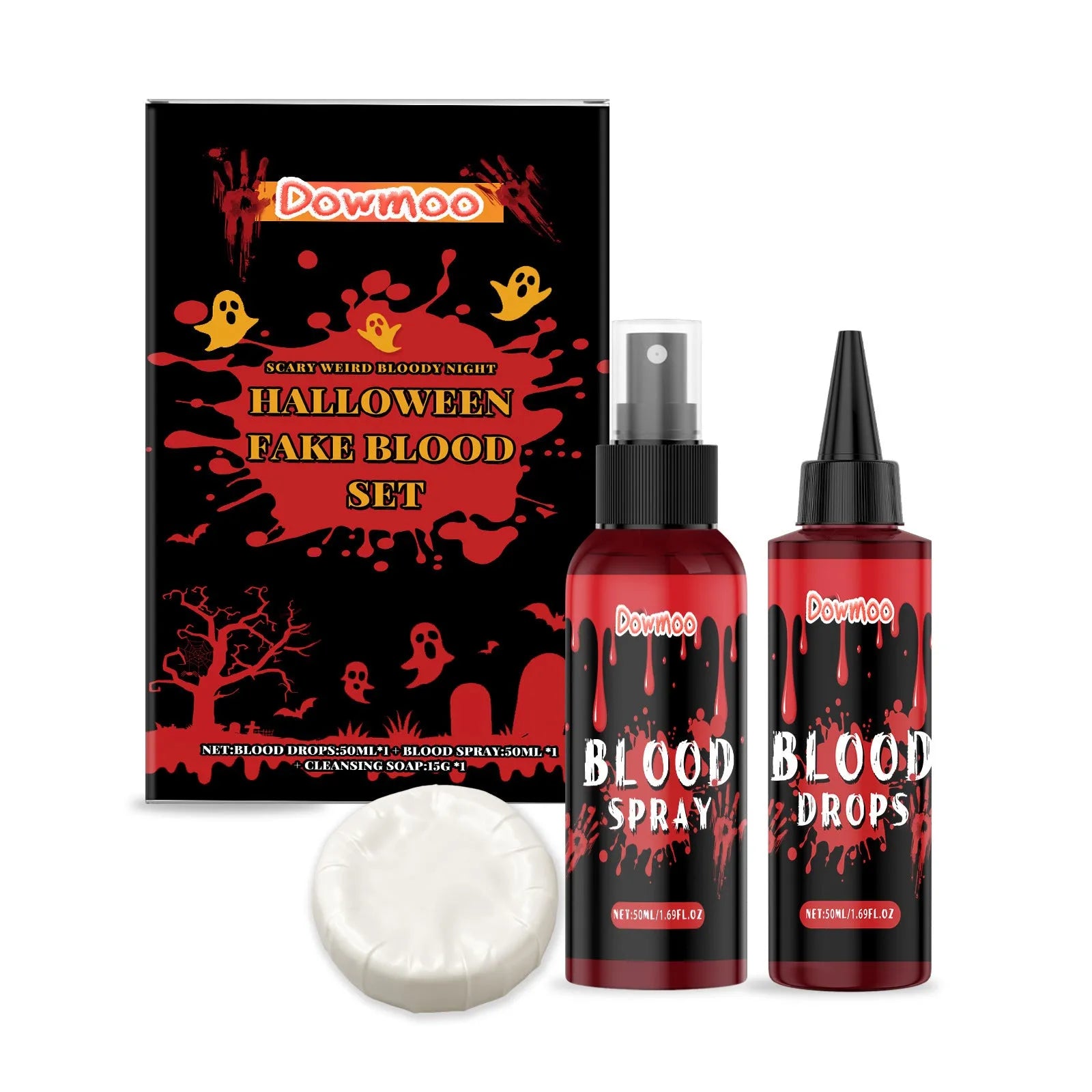 3-piece washable fake blood set with plasma drops, spray bottle, and surface soap container