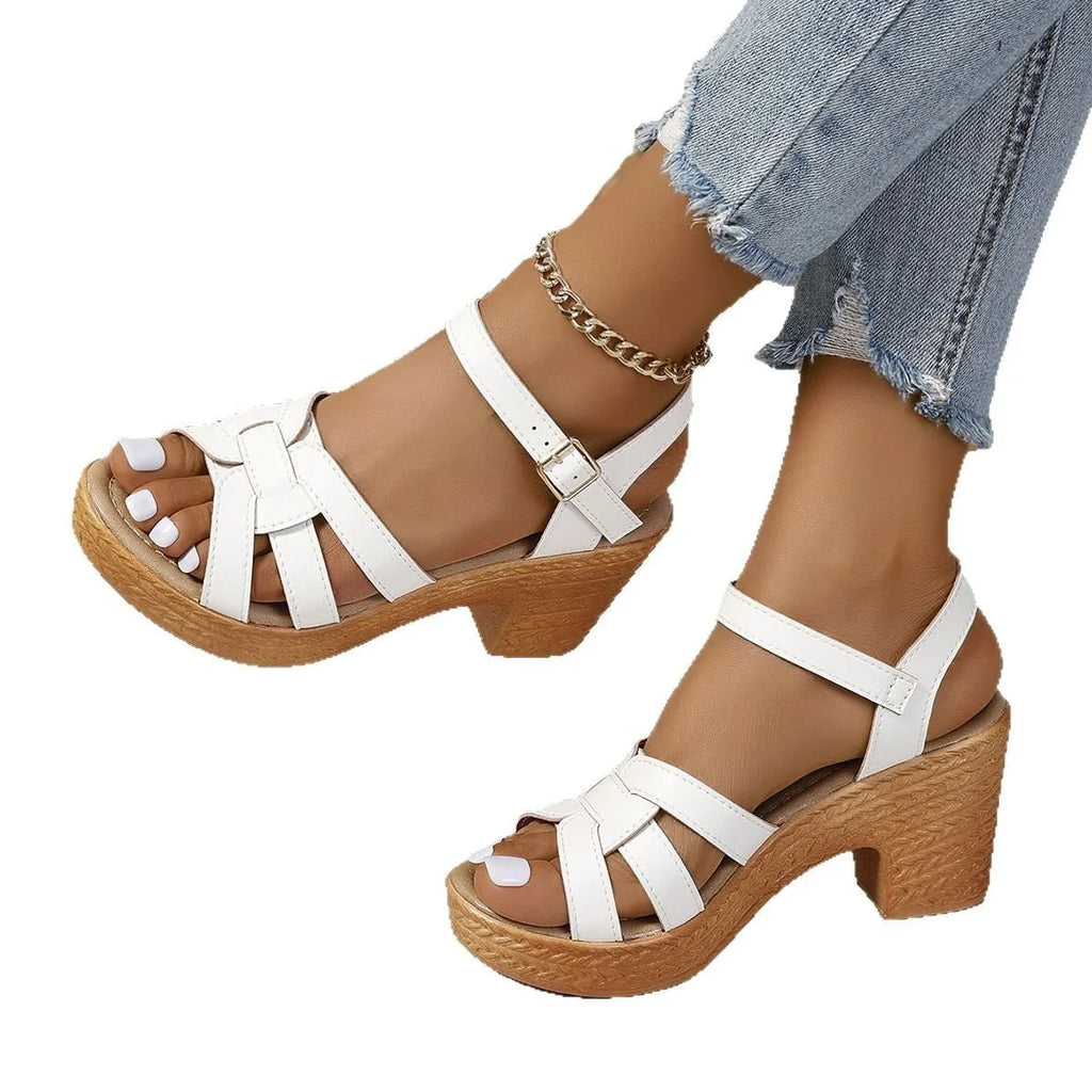 Plus size black Roman-style women's peep toe sandals with chunky heel and ankle-strap buckle.