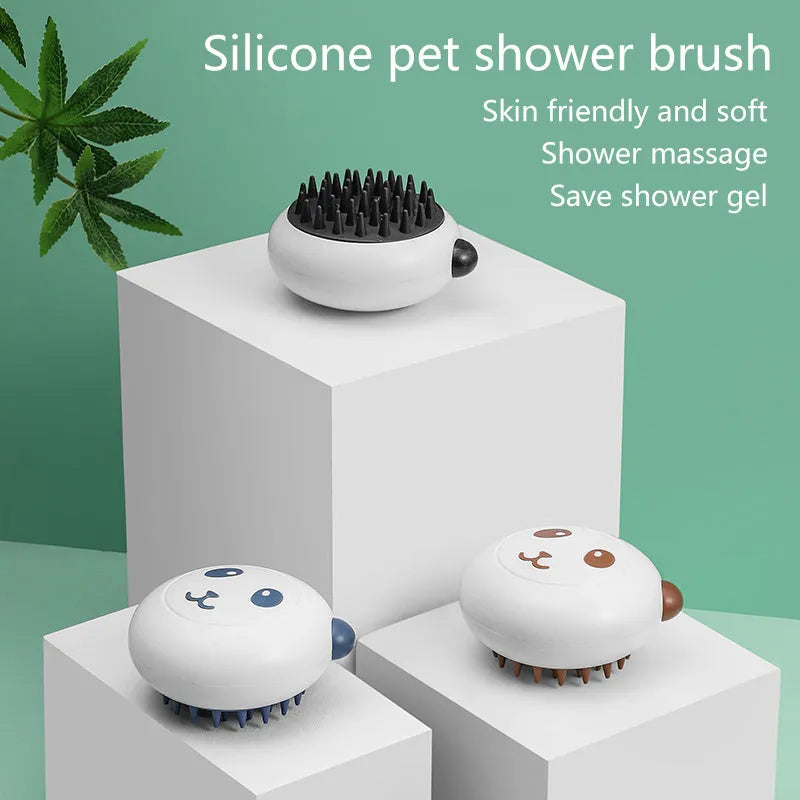 Panda-shaped silicone pet shower brush with soft bristles for cats and dogs.