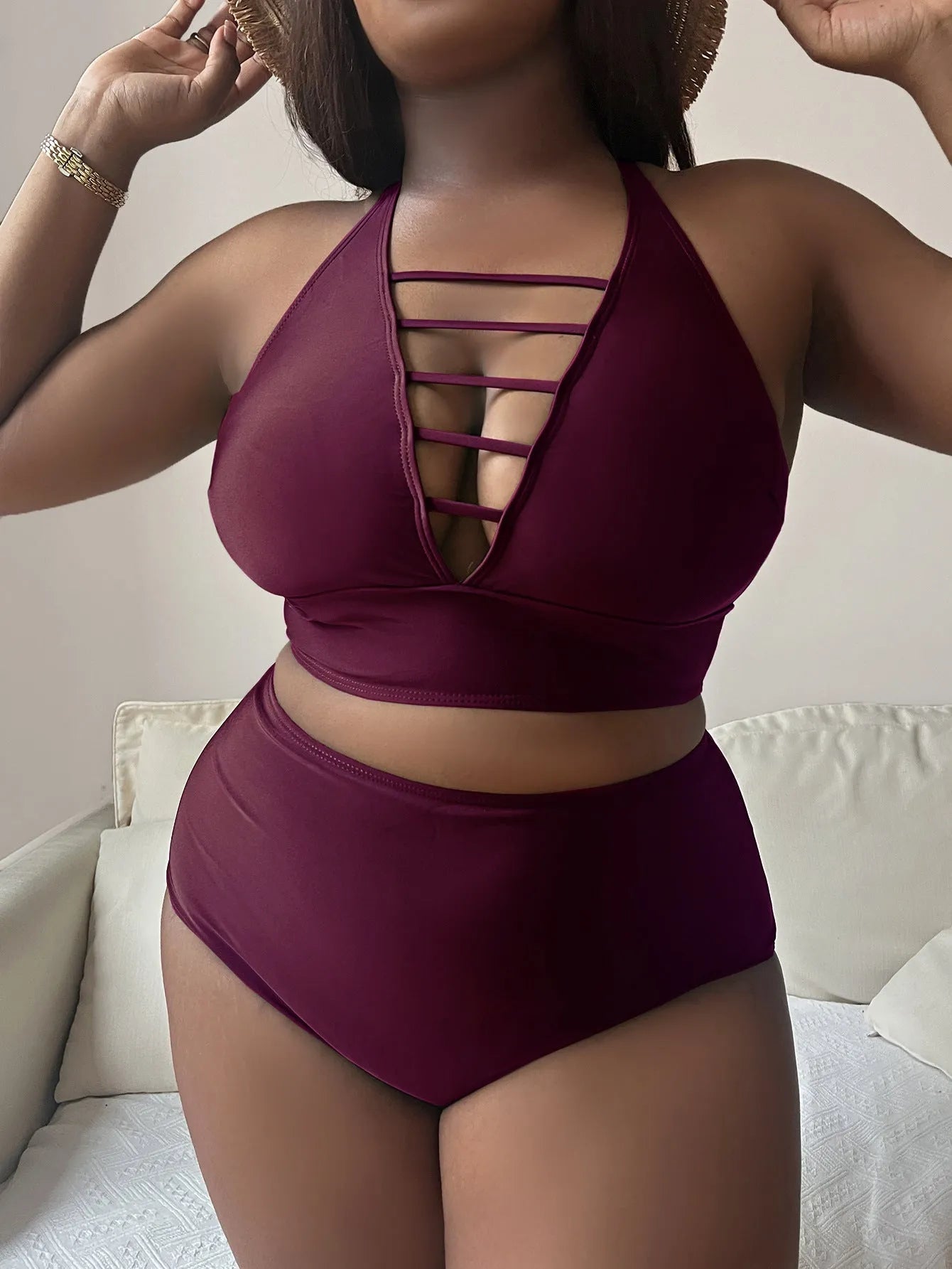 Plus size adjustable halter bikini with high-waist briefs in black, showing backless design and cross shoulder straps