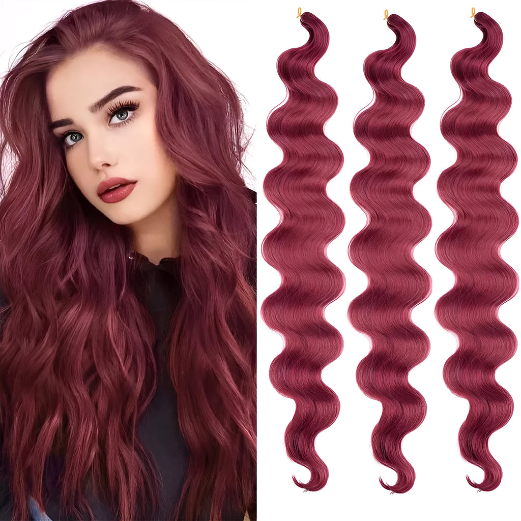 Wine red long synthetic wig extension with big wavy texture on a white background