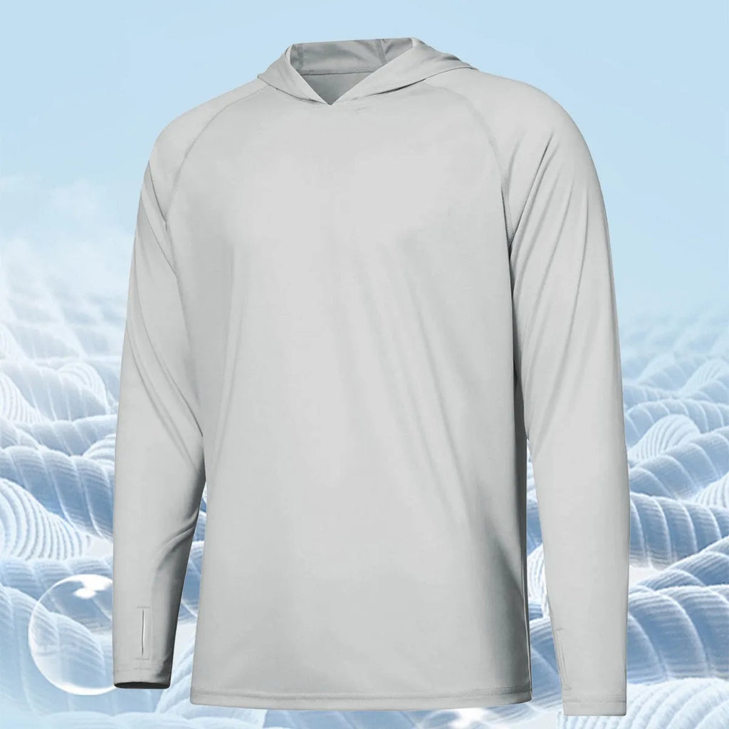 Outdoor hooded long sleeve top for UV protection in solid colours like black and sky blue.