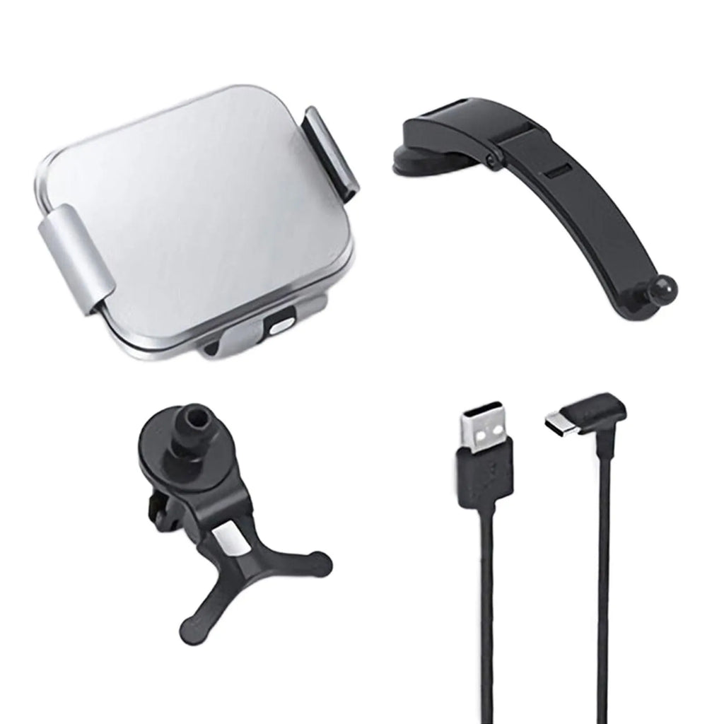 Grey wireless charging vehicle bracket with folding screen showing adjustable angle mechanism and dual mounting options