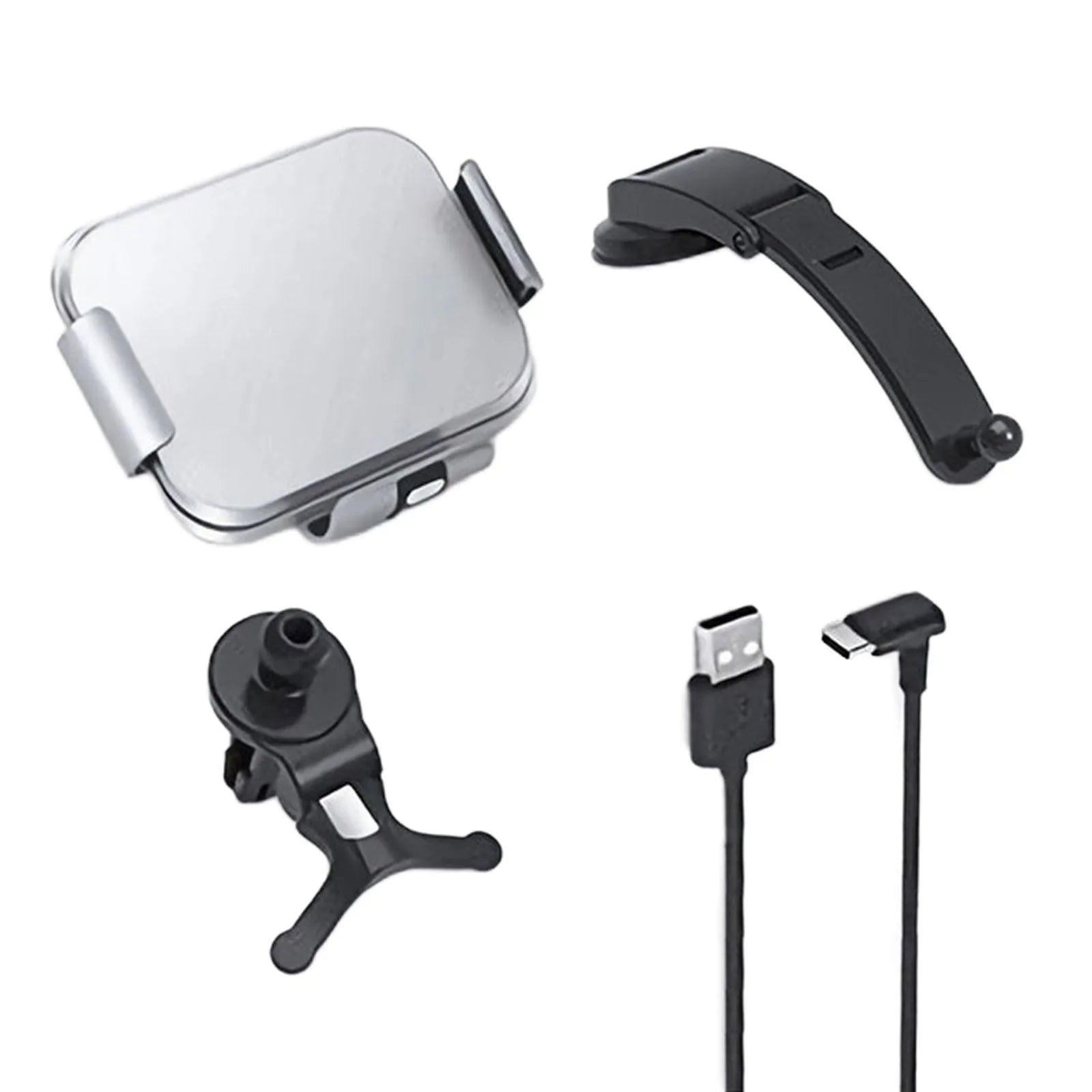 Grey wireless charging vehicle bracket with folding screen showing adjustable angle mechanism and dual mounting options