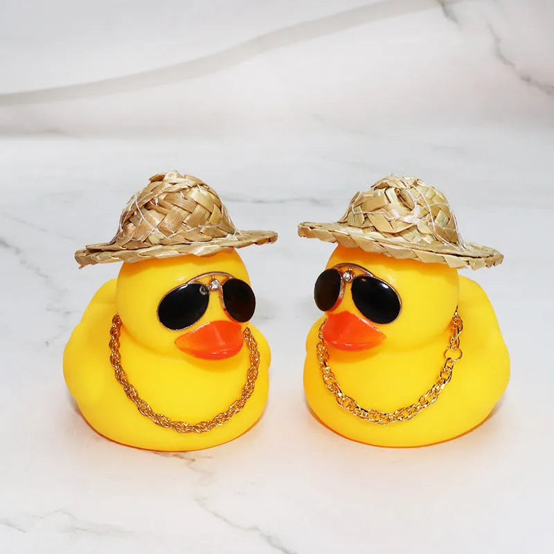 Yellow duck wearing straw hat car dashboard ornament with matte finish, 12cm height with base glue and sunglasses necklace